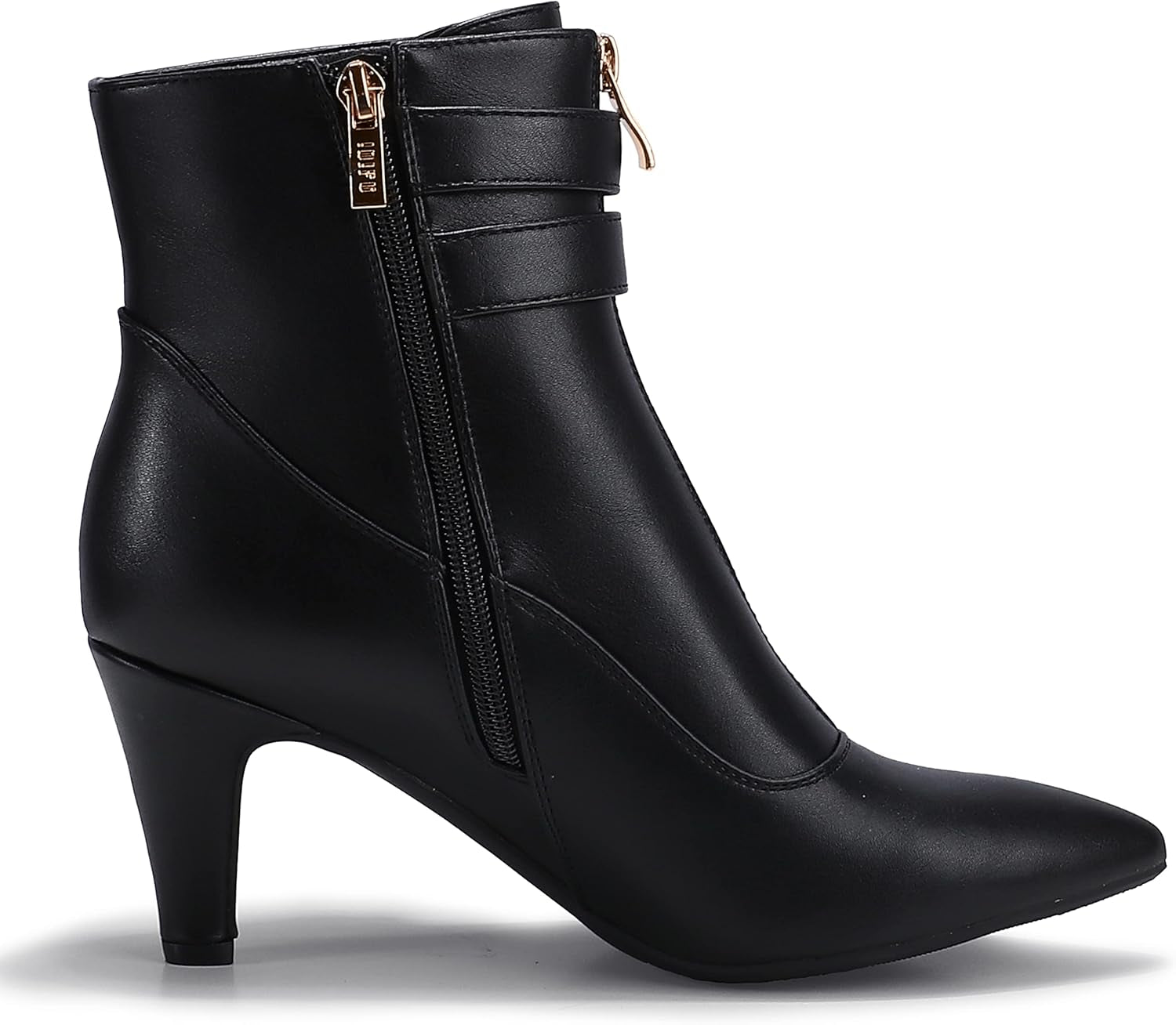 Women'S Pointed Toe Metal Buckle Two Strap Ankle Booties Side Zipper Kitten Heel Dress Classic Short Boots
